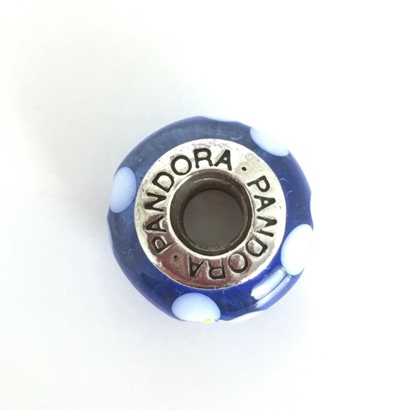 Pandora Blue White Floral Murano Glass Bead Charm .925 Sterling Silver - Picture 5 of 7